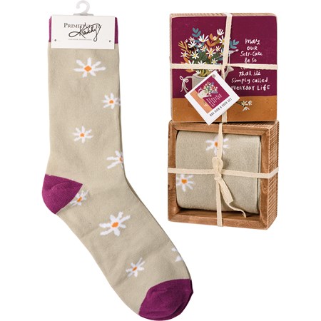 Box Sign & Sock Set - Simply Called Everyday Life - Box Sign: 4" x 4" x 1.75", Socks: One Size Fits Most - Wood, Paper, Cotton, Nylon, Spandex, Ribbon