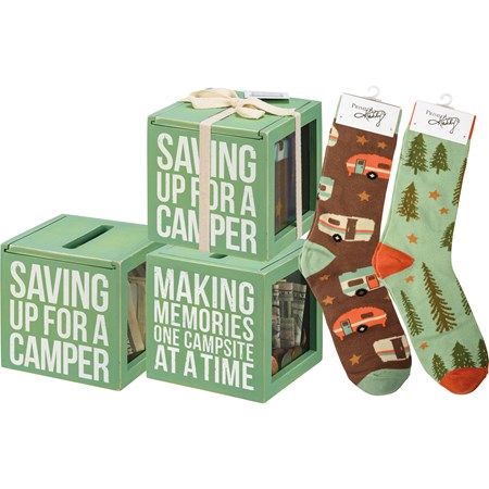 Bank & Socks Set - Saving Up For A Camper - Bank: 4.25" x 4.25" x 4.25", Socks: One Size Fits Most - Wood, Glass, Cotton, Nylon, Spandex, Ribbon