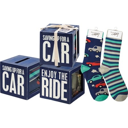 Bank & Socks Set - Saving Up For A Car - Bank: 4.25" x 4.25" x 4.25", Socks: One Size Fits Most - Wood, Glass, Cotton, Nylon, Spandex, Ribbon