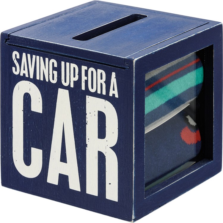 Saving Up For A Car Bank And Socks Set - Wood, Glass, Cotton, Nylon, Spandex, Ribbon