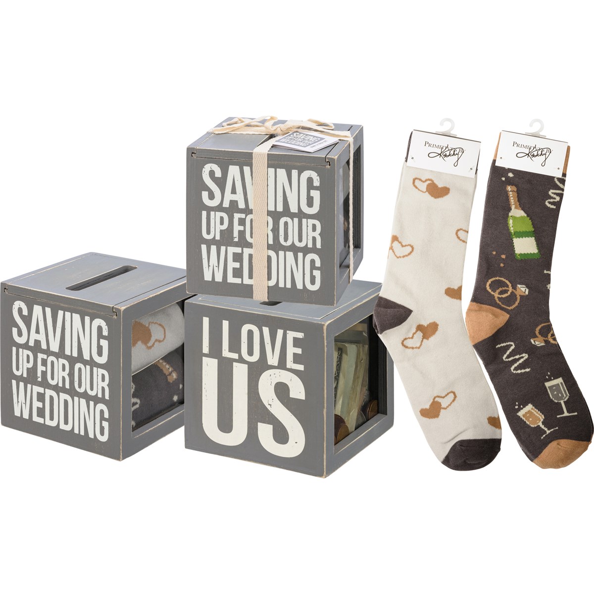 Bank & Socks Set - Saving Up For Our Wedding - Bank: 4.25" x 4.25" x 4.25", Socks: One Size Fits Most - Wood, Glass, Cotton, Nylon, Spandex, Ribbon