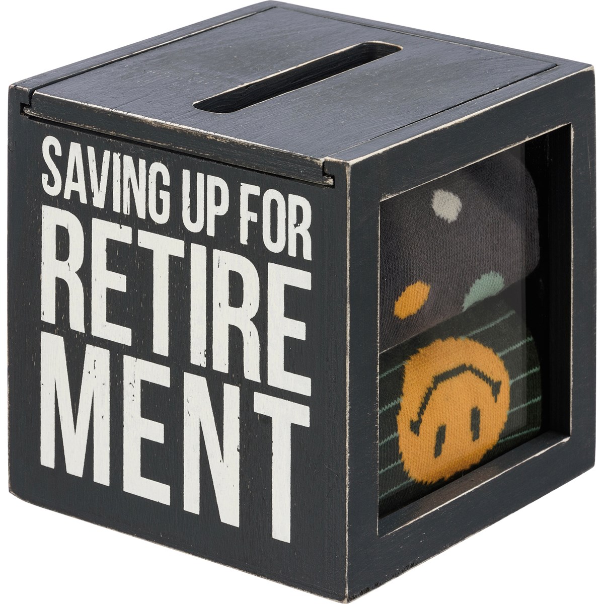 Saving Up For Retirement Bank And Socks Set - Wood, Glass, Cotton, Nylon, Spandex, Ribbon