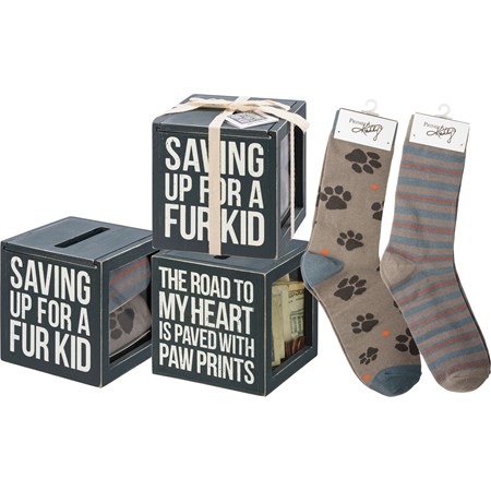 Bank & Socks Set - Saving Up For A Fur Kid - Bank: 4.25" x 4.25" x 4.25", Socks: One Size Fits Most - Wood, Glass, Cotton, Nylon, Spandex, Ribbon