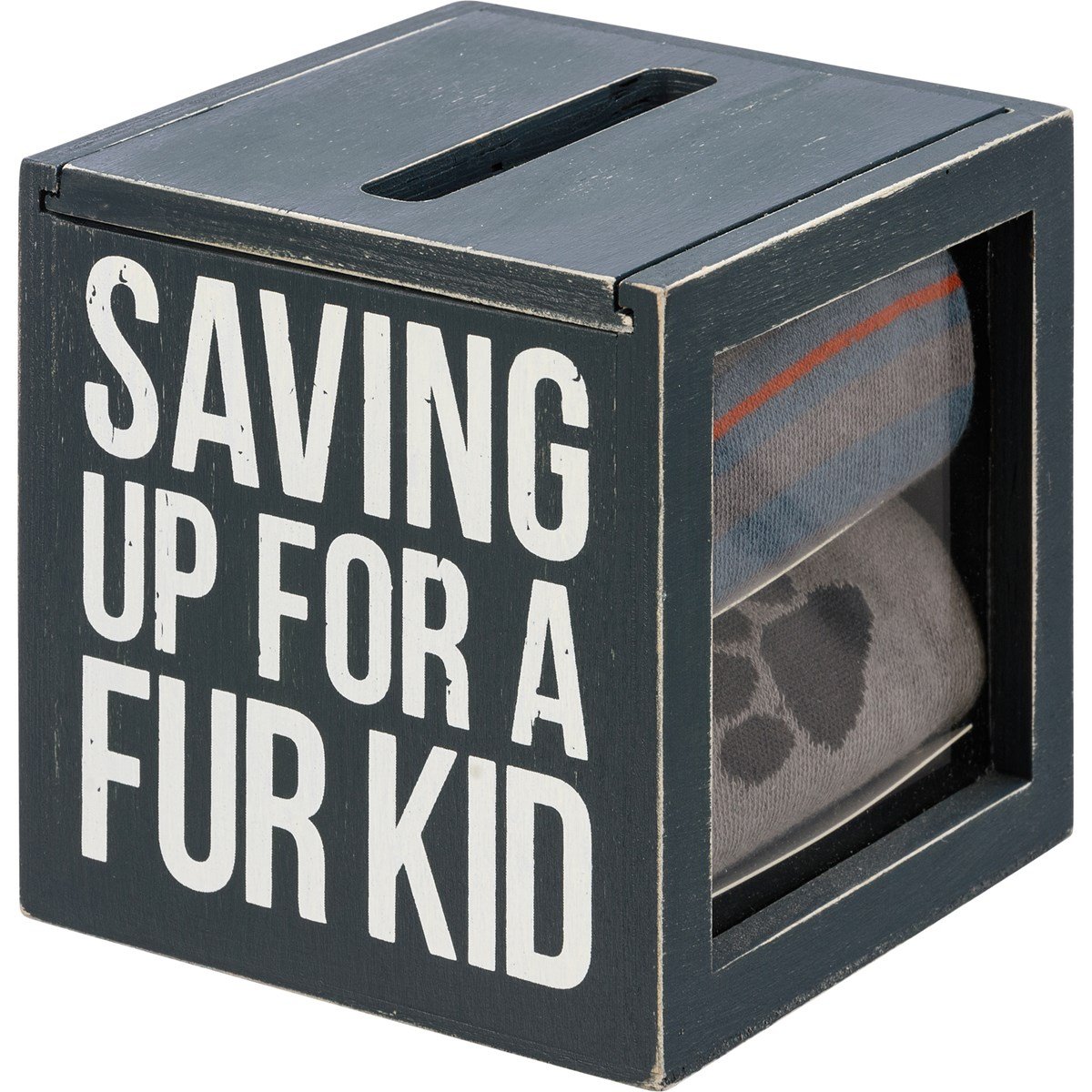 Saving Up For A Fur Kid Bank And Socks Set - Wood, Glass, Cotton, Nylon, Spandex, Ribbon
