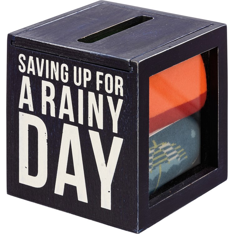 Saving Up For A Rainy Day Bank And Socks Set - Wood, Glass, Cotton, Nylon, Spandex, Ribbon