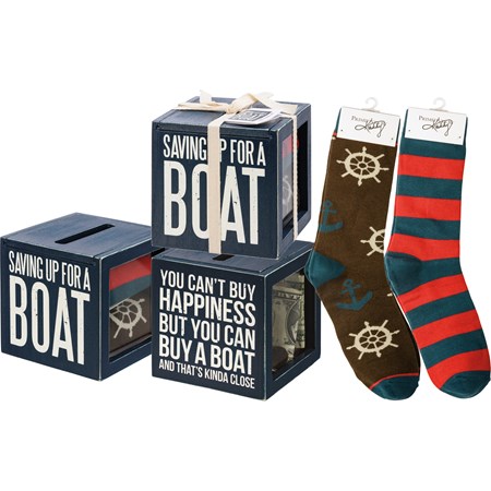 Bank & Socks Set - Saving Up For A Boat - Bank: 4.25" x 4.25" x 4.25", Socks: One Size Fits Most - Wood, Glass, Cotton, Nylon, Spandex, Ribbon
