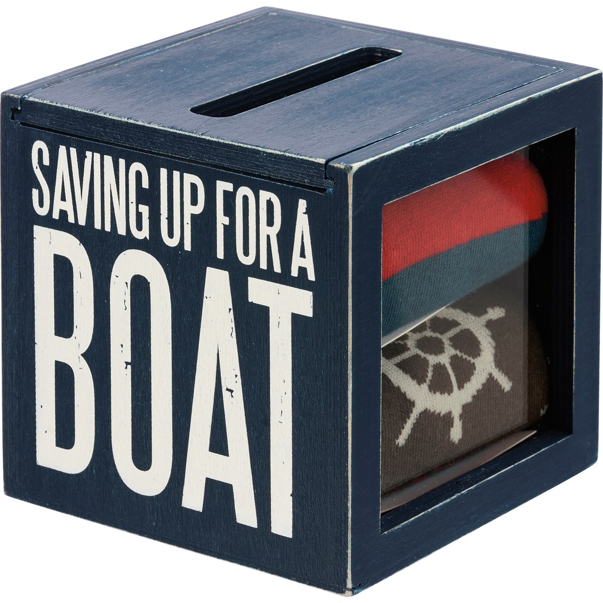 Saving Up For A Boat Bank And Socks Set - Wood, Glass, Cotton, Nylon, Spandex, Ribbon