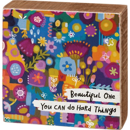 Block Sign - Beautiful One You Can Do Hard Things - 3" x 3" x 1" - Wood, Paper