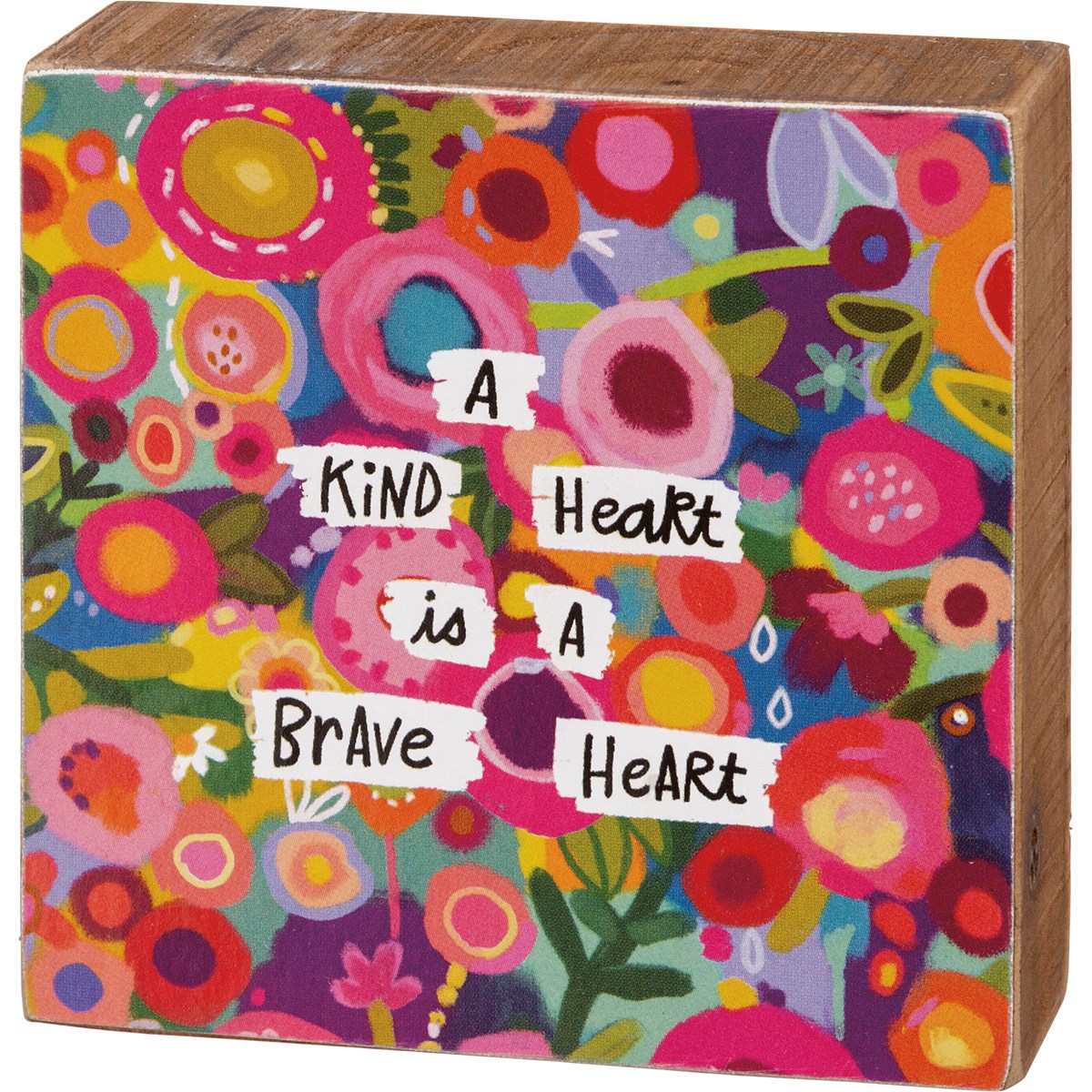 Block Sign - A Kind Heart Is A Brave Heart - 3" x 3" x 1" - Wood, Paper
