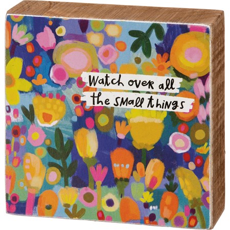 Block Sign - Watch Over All The Small Things - 3" x 3" x 1" - Wood, Paper
