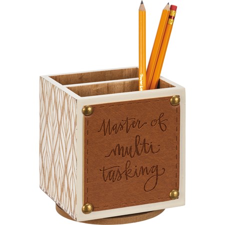 Pencil Spinner - Master Of Multi-Tasking - 4" x 4.25" x 4" - Wood, Faux Leather, Metal