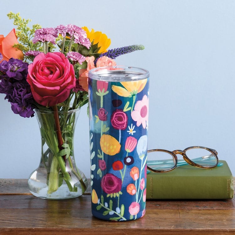 Blue Floral Coffee Tumbler - Stainless Steel, Plastic