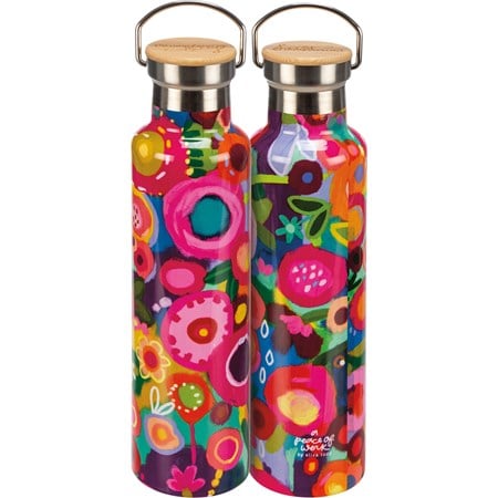 Insulated Bottle - Pink Floral - 25 oz., 2.75" Diameter x 11.25" - Stainless Steel, Bamboo