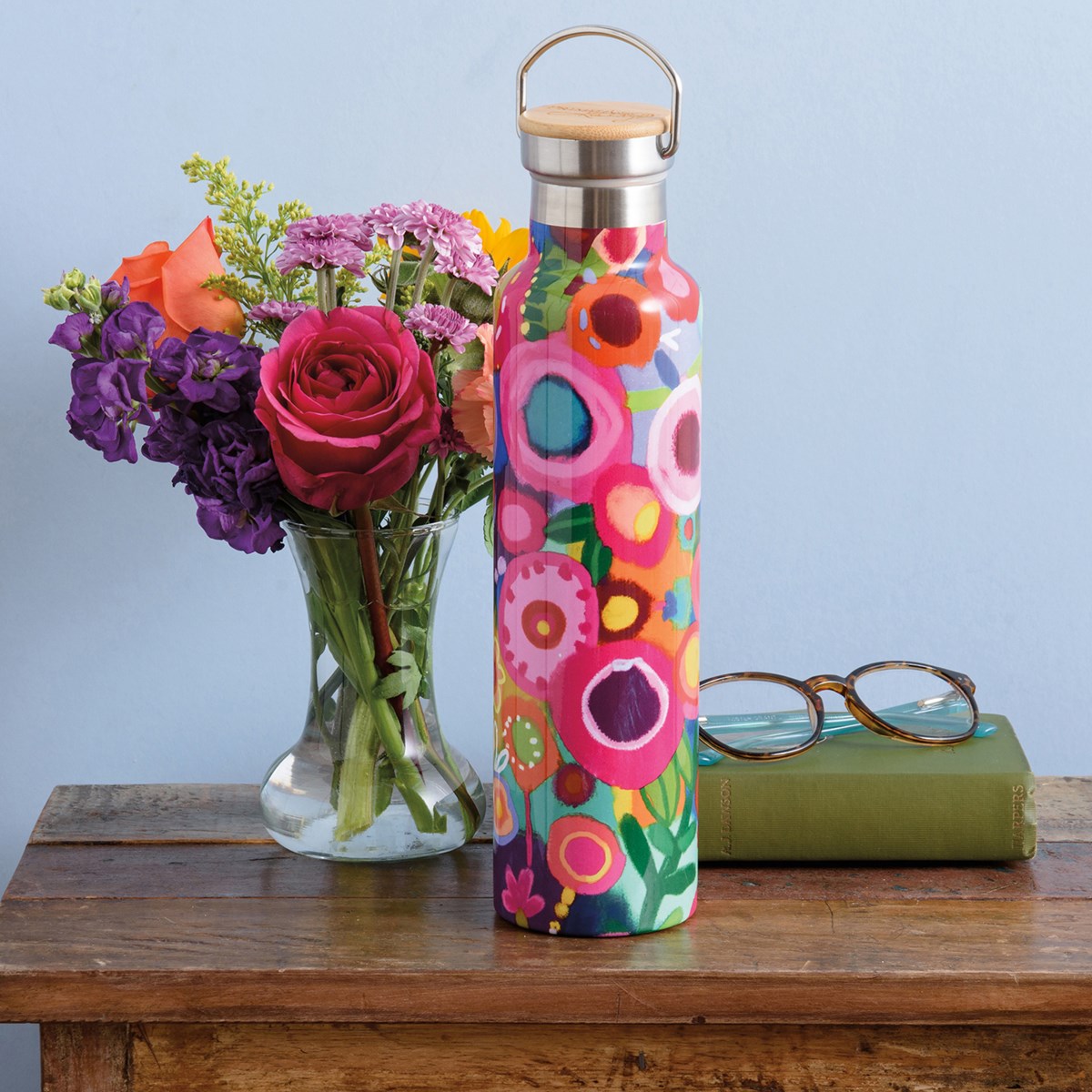 Pink Floral Insulated Bottle - Stainless Steel, Bamboo