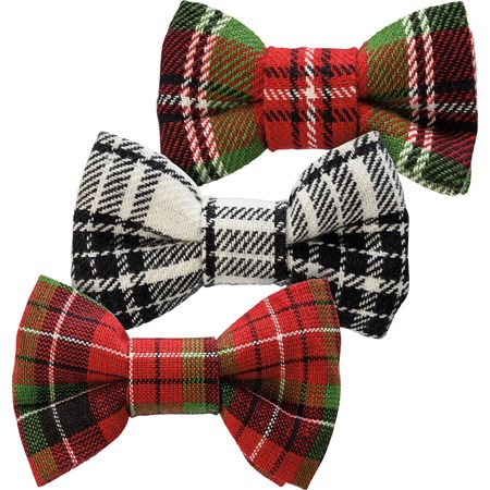 Pet Bow Tie Set Med - Christmas Plaid - 3.75" x 2.25" x 1.50" - Cotton, Hook-and-Loop Fastener