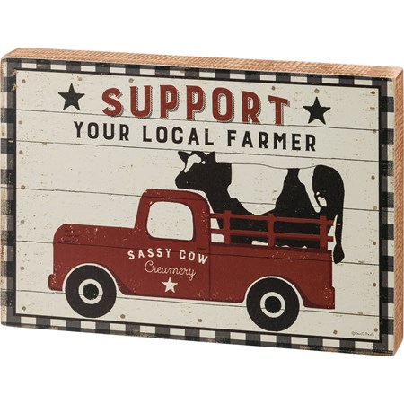 Box Sign - Support Your Local Farmer - 12" x 8.25" x 1.75" - Wood, Paper