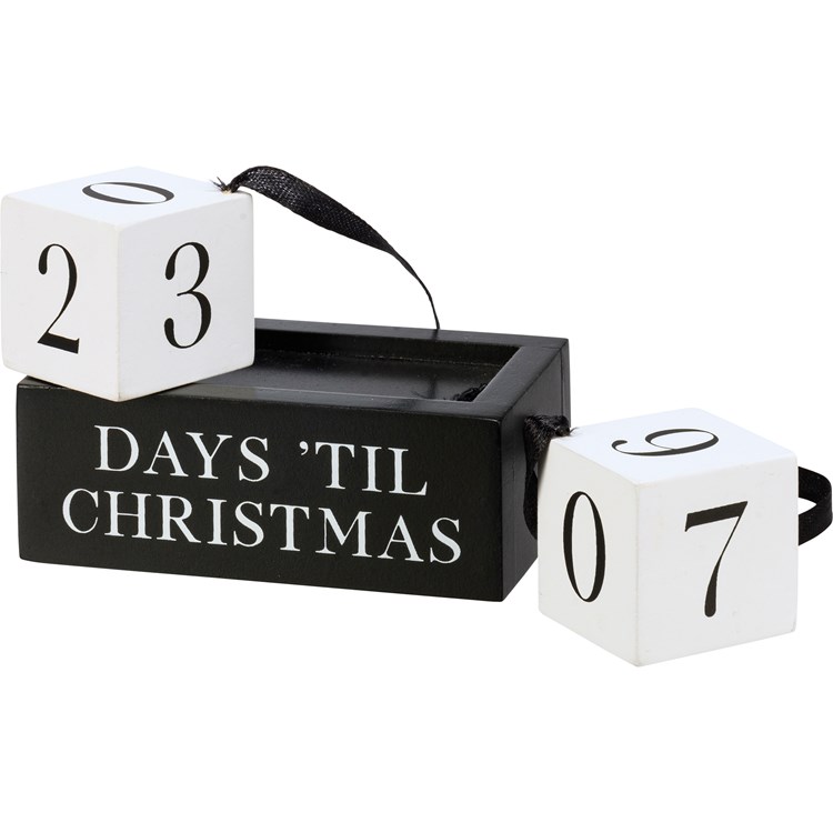 Black And White Days 'Til Christmas Block Countdown - Wood, Ribbon
