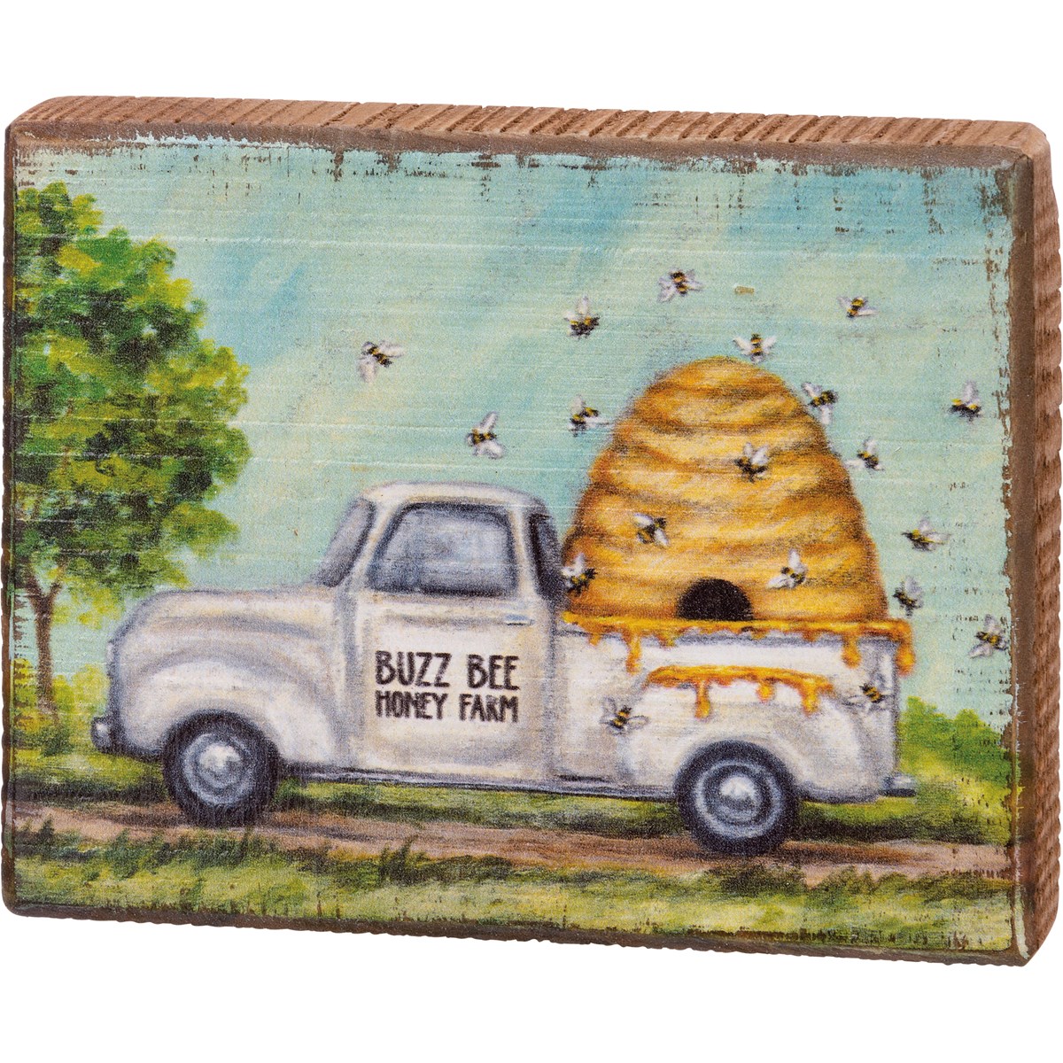 Bees Buzz Bee Honey Farm Block Sign - Wood