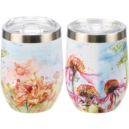 Floral Wine Tumbler - Stainless Steel, Plastic