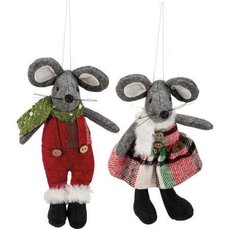 Mouse Couple Ornament Set - Cotton, Felt, Wood, Plastic