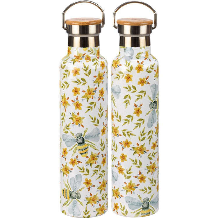 Floral Bee Insulated Bottle - Stainless Steel, Bamboo