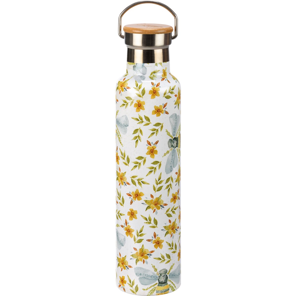 Floral Bee Insulated Bottle - Stainless Steel, Bamboo