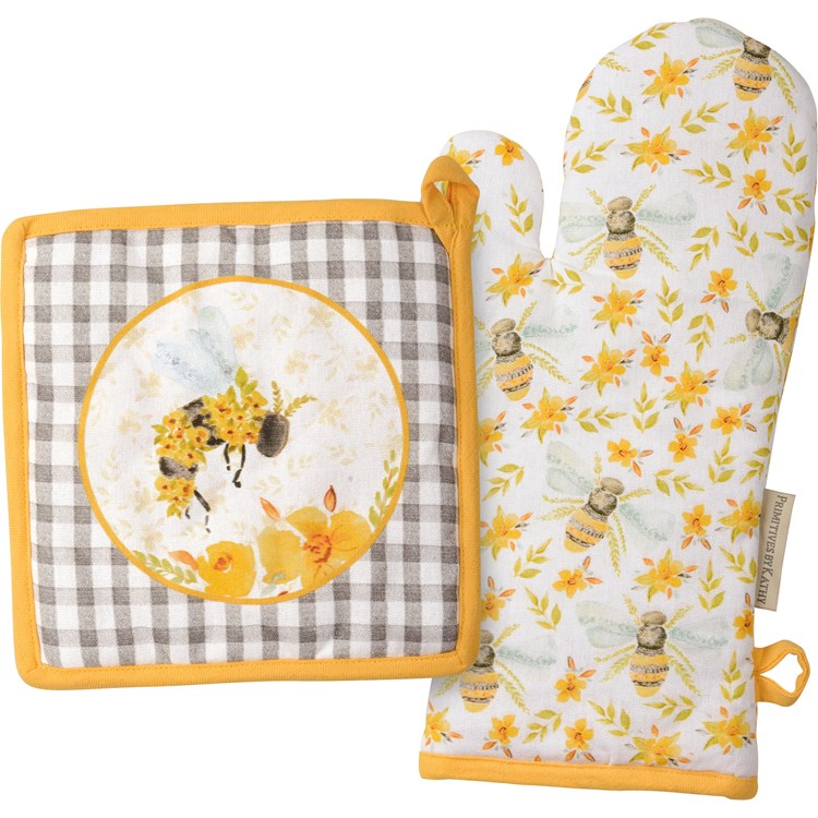 Kitchen Set - Floral Bees - 7" x 13", 8" x 8" - Cotton
