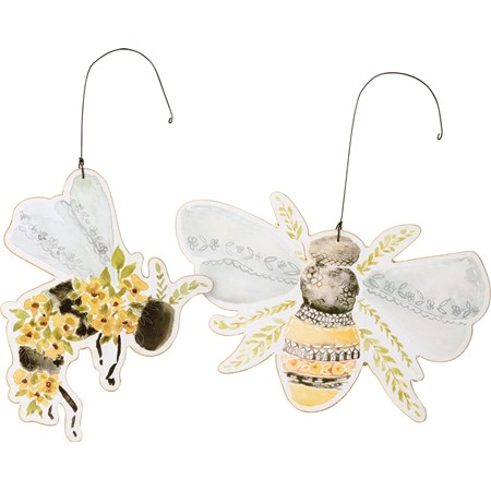 Ornament Set - Bees - 6.50" x 4.25", 4.25" x 5.50" - Wood, Paper, Wire