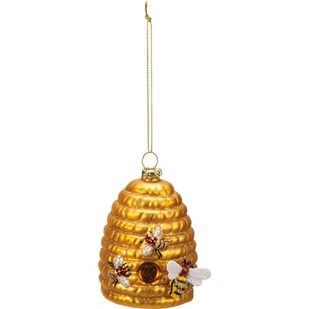 Glass Ornament - Bee Hive - 3" Diameter x 4" - Glass, Metal, Glitter