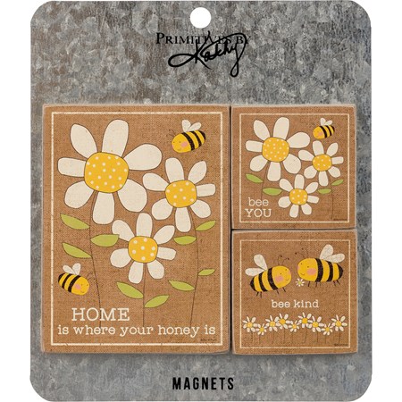 Magnet Set - Home Is Where Your Honey Is - 3" x 4", 2" x 2", Card: 5.50" x 6.50" - Wood, Paper, Metal, Magnet