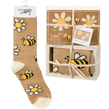 Box Sign & Sock Set - Bee You - 4.50" x 3" x 1.75", One Size Fits Most - Wood, Paper, Cotton, Nylon, Spandex