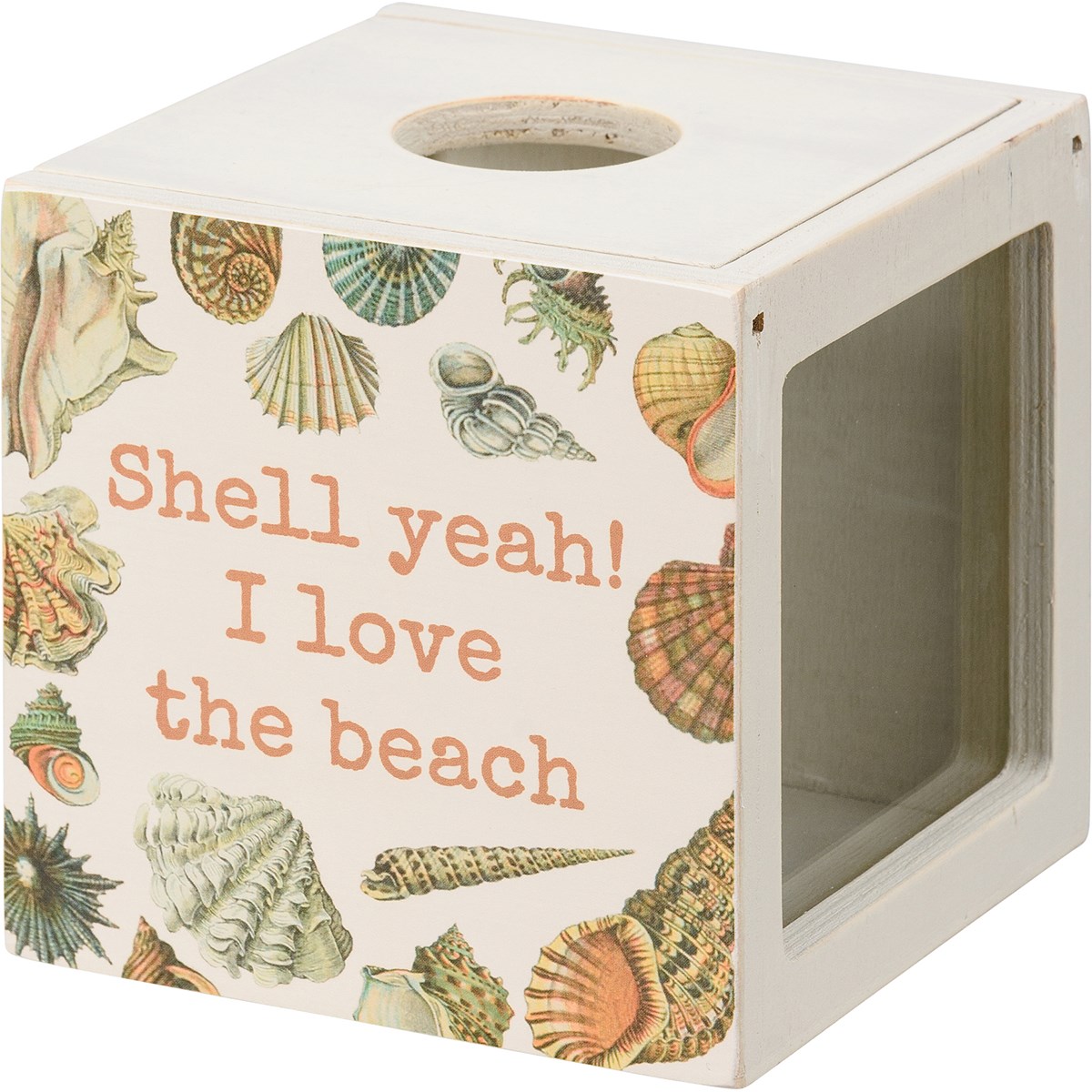 Shell Holder - Shell Yeah! I Love The Beach - 4.25" x 4.25" x 4.25" - Wood, Paper, Glass