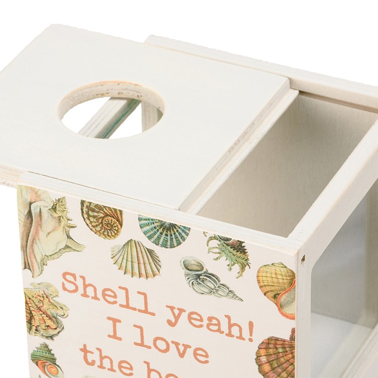 Shell Holder - Shell Yeah! I Love The Beach - 4.25" x 4.25" x 4.25" - Wood, Paper, Glass