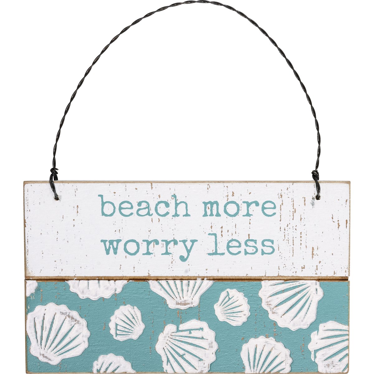 Slat Ornament - Beach More Worry Less - 5" x 3" x 0.25" - Wood, Wire