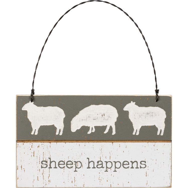 Slat Ornament - Sheep Happens - 5" x 3" x 0.25" - Wood, Wire