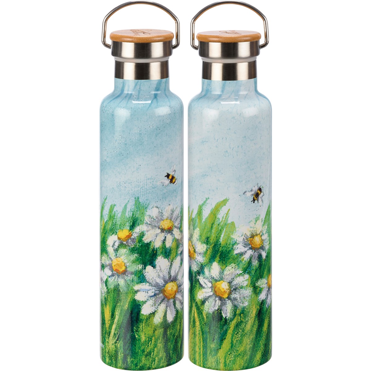 Daisies Insulated Bottle - Stainless Steel, Bamboo