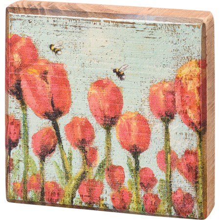 Block Sign - Red Tulips - 4" x 4" x 1" - Wood