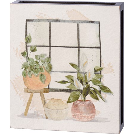 Box Sign - Window Plants - 10.50" x 12" x 1.75" - Wood, Paper, Rattan
