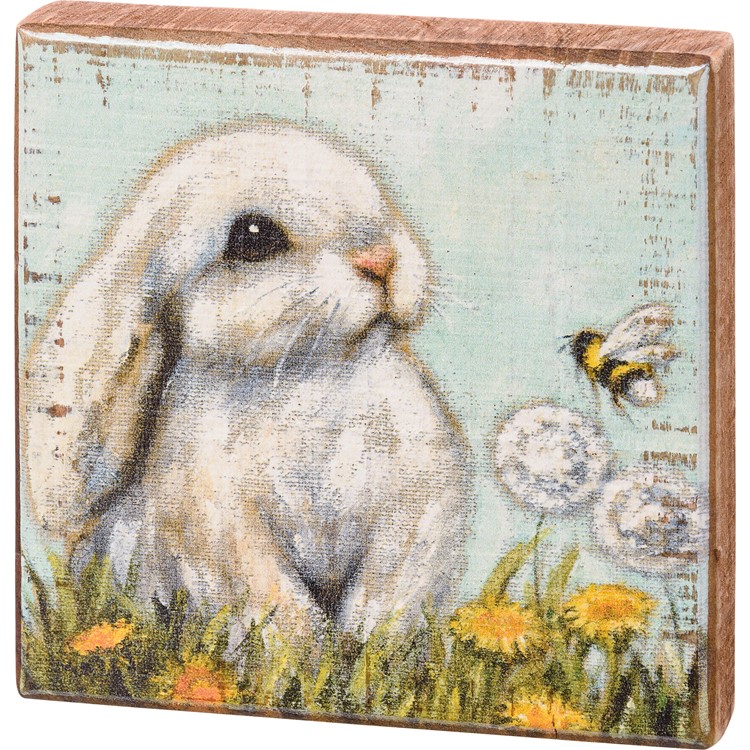 Block Sign - White Bunny - 4.50" x 4.50" x 1" - Wood