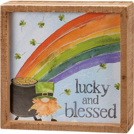 Inset Box Sign - Lucky And Blessed - 7" x 7" x 1.75" - Wood, Paper