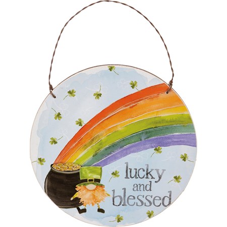 Ornament - Lucky And Blessed - 5" Diameter x 0.25" - Wood, Paper, Wire