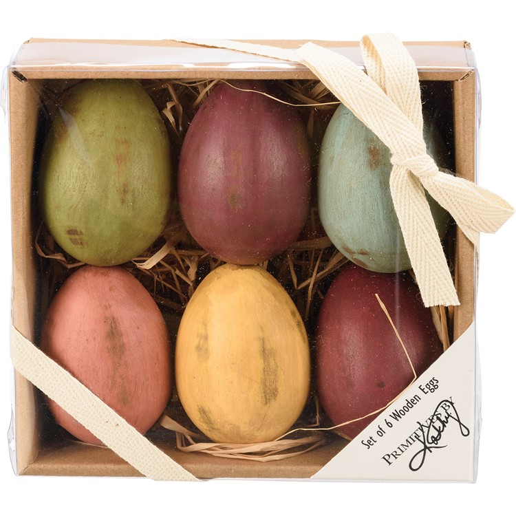 Wooden Eggs - Primitive - 1.50" Diameter x 2.50", Box: 5.25" x 5.25" x 1.50" - Wood