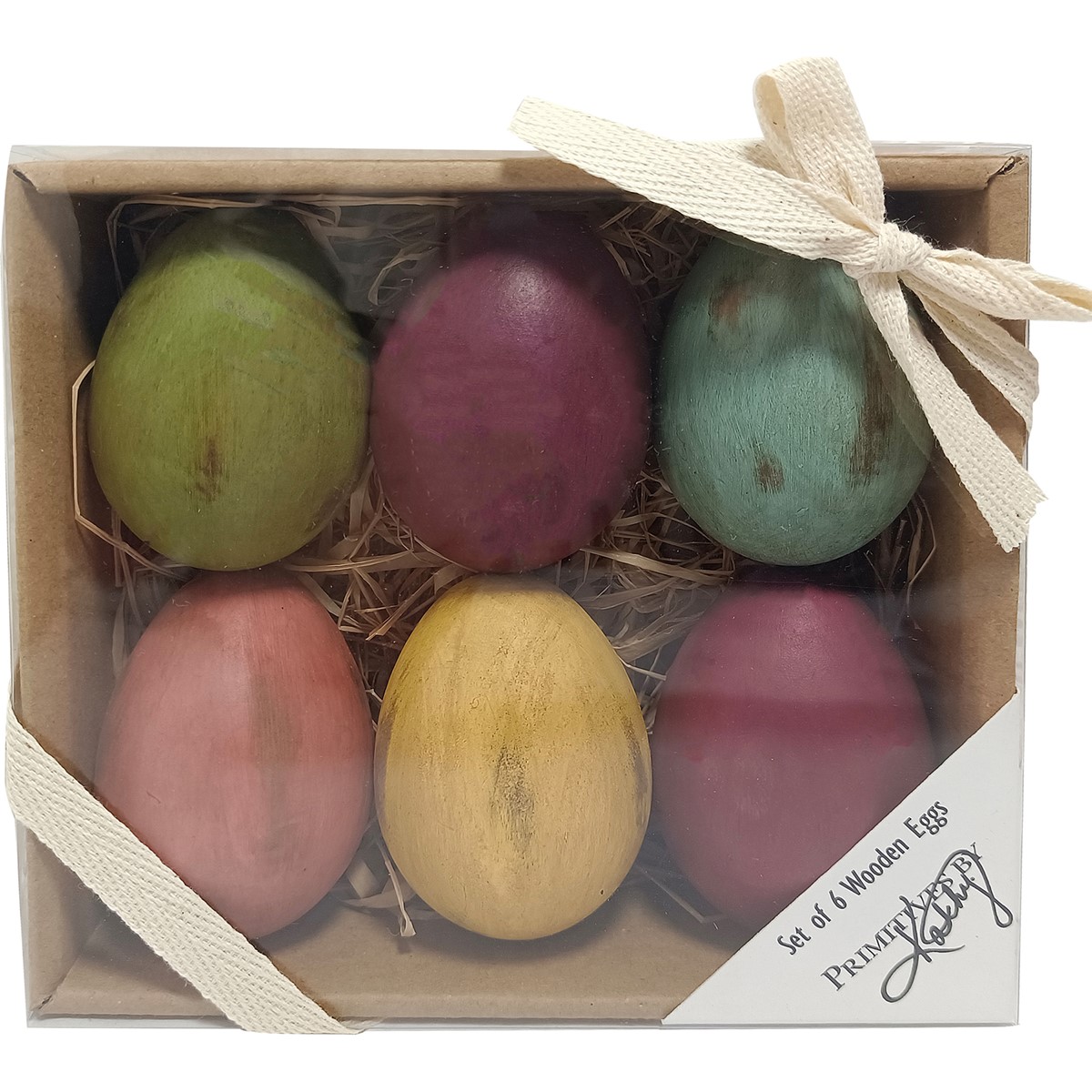 Wooden Eggs - Primitive - 1.50" Diameter x 2.50", Box: 5.25" x 5.25" x 1.50" - Wood