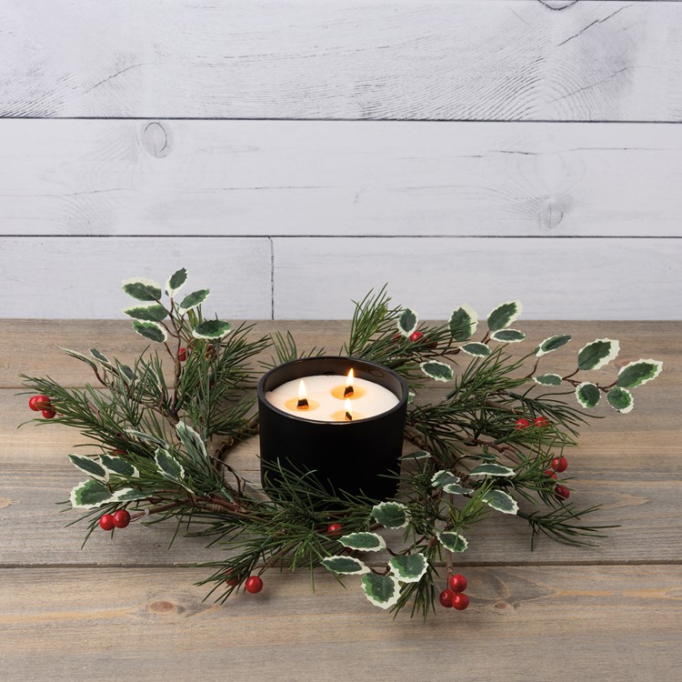 Pine And Holly Candle Ring - Plastic, Wire, Wood