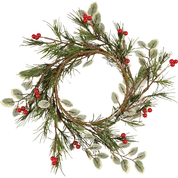 Pine And Holly Candle Ring - Plastic, Wire, Wood