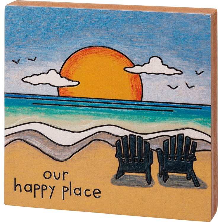 Our Happy Place Block Sign - Wood