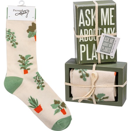 Box Sign & Sock Set - Ask Me About My Plants - Box Sign: 3" x 4.50" x 1.75", Socks: One Size Fits Most - Wood, Cotton, Nylon, Spandex, Ribbon