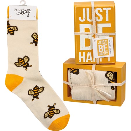 Box Sign & Sock Set - Just Be Happy - Box Sign: 3" x 4.50" x 1.75", Socks: One Size Fits Most - Wood, Cotton, Nylon, Spandex, Ribbon