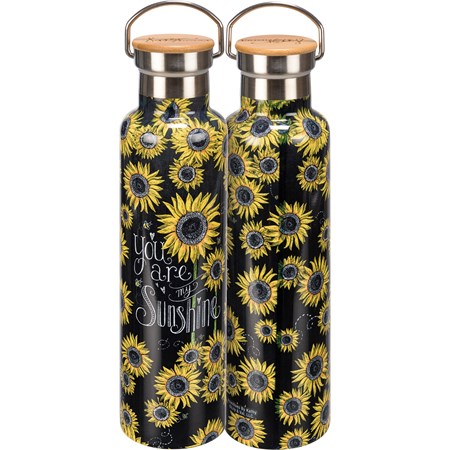 Insulated Bottle - You Are My Sunshine - 25 oz., 2.75" Diameter x 11.25" - Stainless Steel, Bamboo
