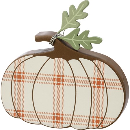 Chunky Sitter - Cream Plaid Pumpkin - 6" x 4.50" x 1" - Wood, Wire